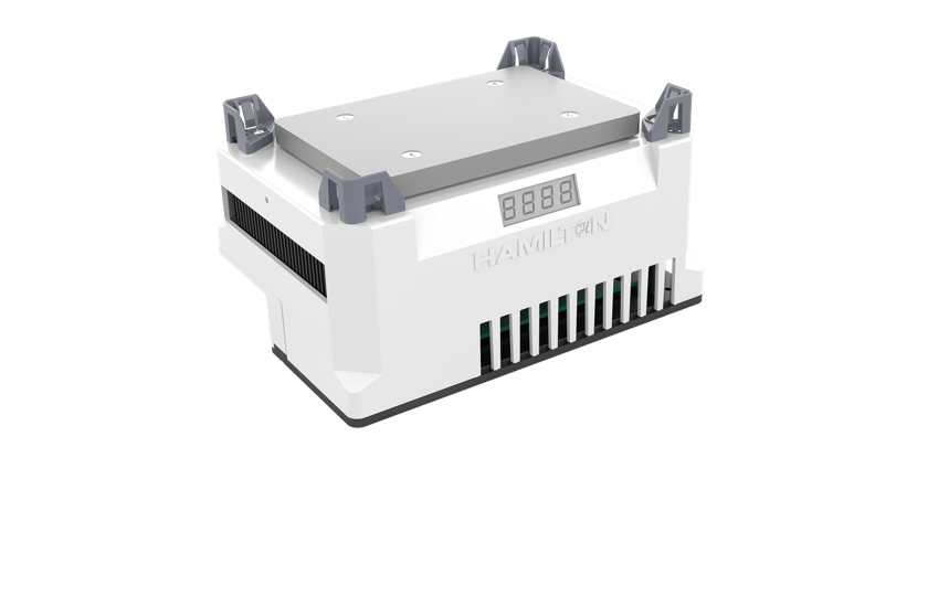 Hamilton HHC solo laboratory heater/cooler unit, white housing with gray corner brackets, ventilation slots, and 4-digit LED display