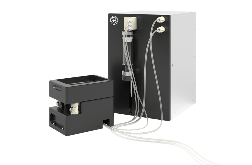 Modular liquid dispensing system with black syringe pump module, tubing, and fittings on white enclosure panel