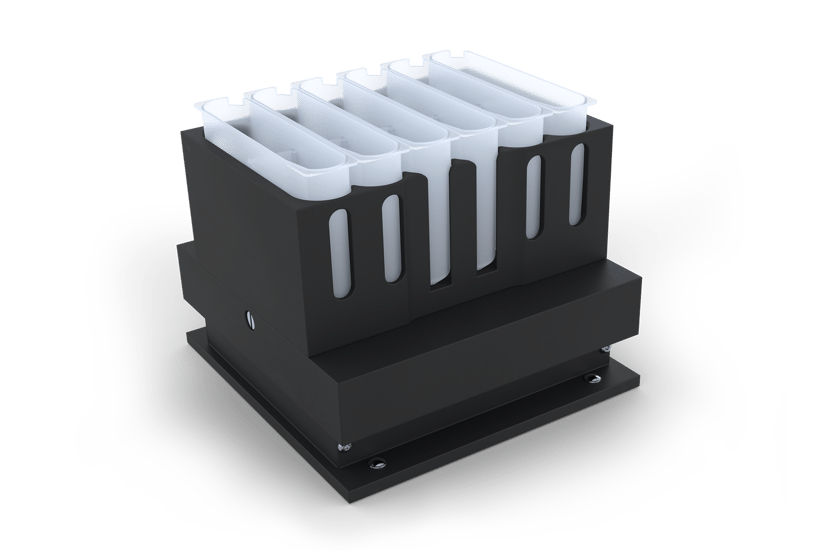 Black modular rack holding six translucent white sample tube inserts, mounted on a black base plate with screws.