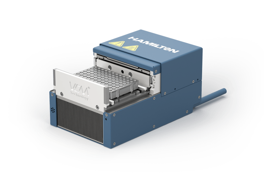 Hamilton-branded thermal cycler with open drawer revealing a sample block, heat sink fins visible on left side