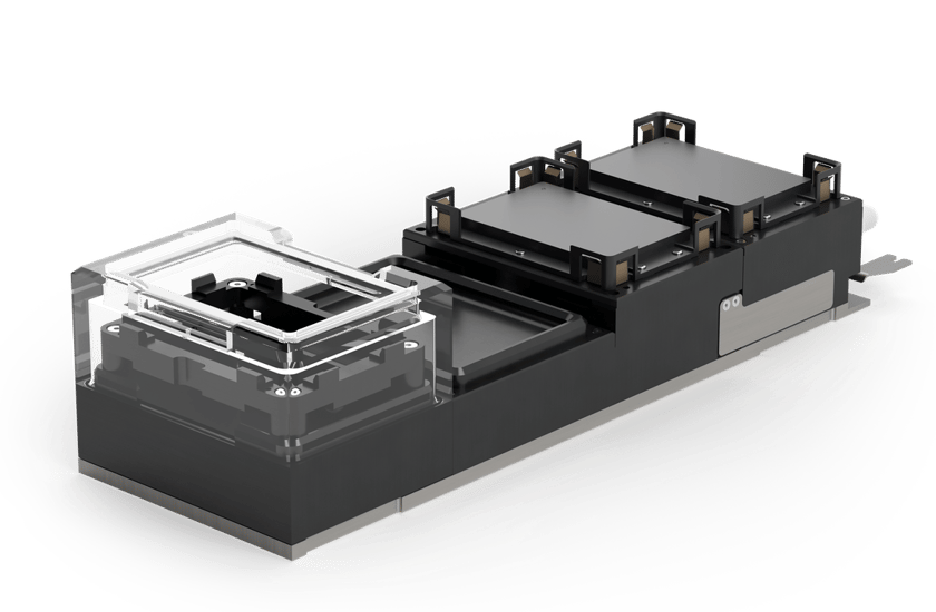 Modular laboratory vacuum carrier system with transparent-lidded sample chamber and dual-stack plate holder module on dark base
