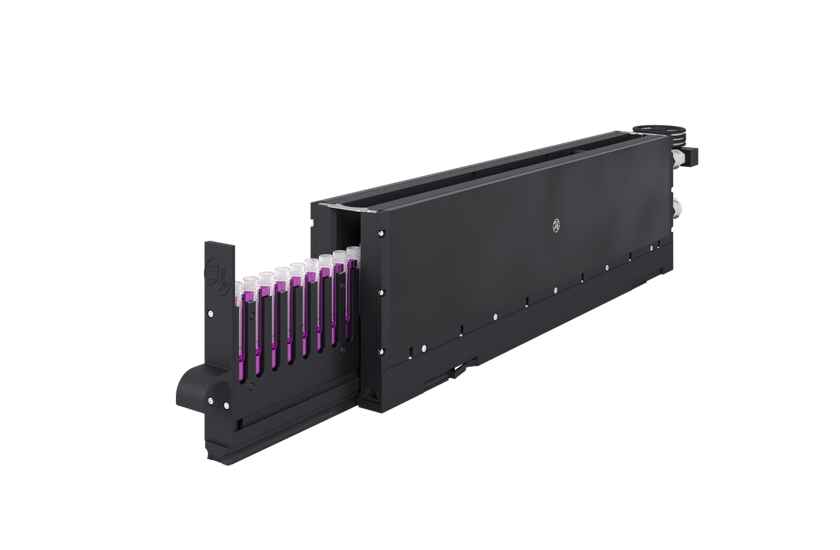 Black rack-mounted cooling carrier module with a row of purple-filled sample tubes inserted at the front