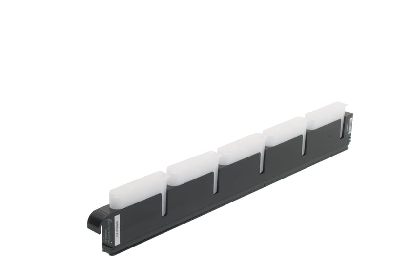 Black reagent trough carrier holding five white translucent reagent troughs in a row