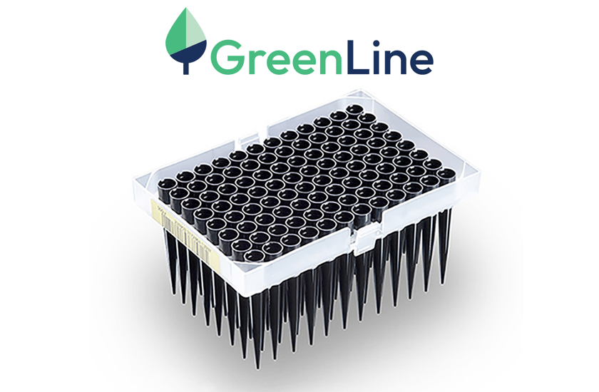 GreenLine branded rack of black conductive pipette tips in a clear tip box