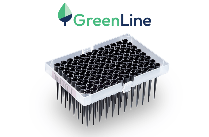 GreenLine logo above a rack of black conductive pipette tips in a clear tip box