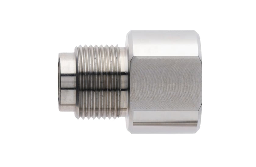 Stainless steel hygienic socket adapter with male threaded end and hexagonal body