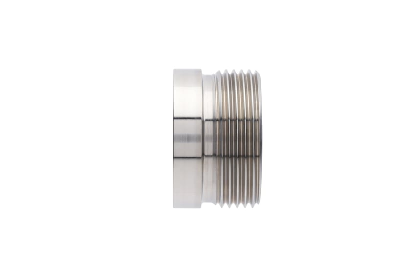 Stainless steel threaded male fitting with smooth flange collar, side profile view