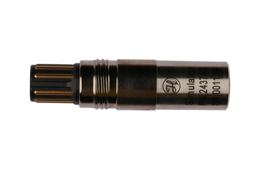 Hamilton permittivity simulator, cylindrical metal body with multi-pin connector, labeled "Simulator," PN 243743