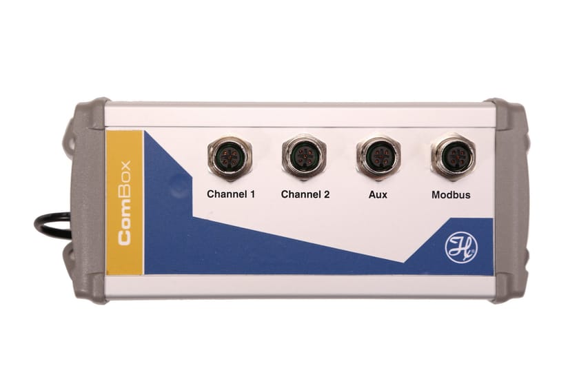 Hamilton ComBox device with four circular connectors labeled Channel 1, Channel 2, Aux, and Modbus