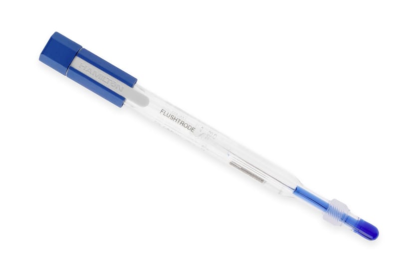 Hamilton Flushtrode pH electrode with blue cap and blue tip on transparent background