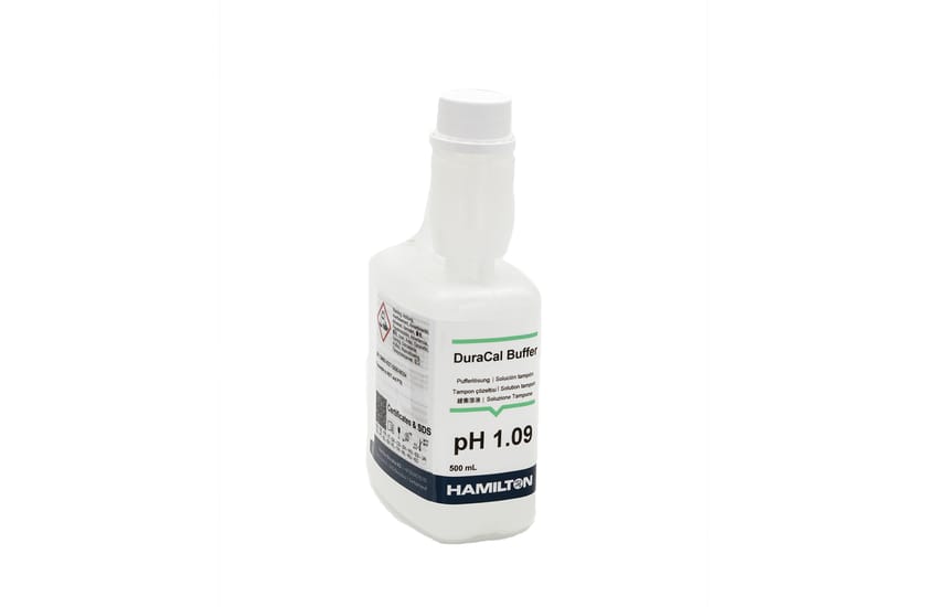 Hamilton DuraCal Buffer pH 1.09 500 mL white plastic bottle with label and GHS hazard symbol.