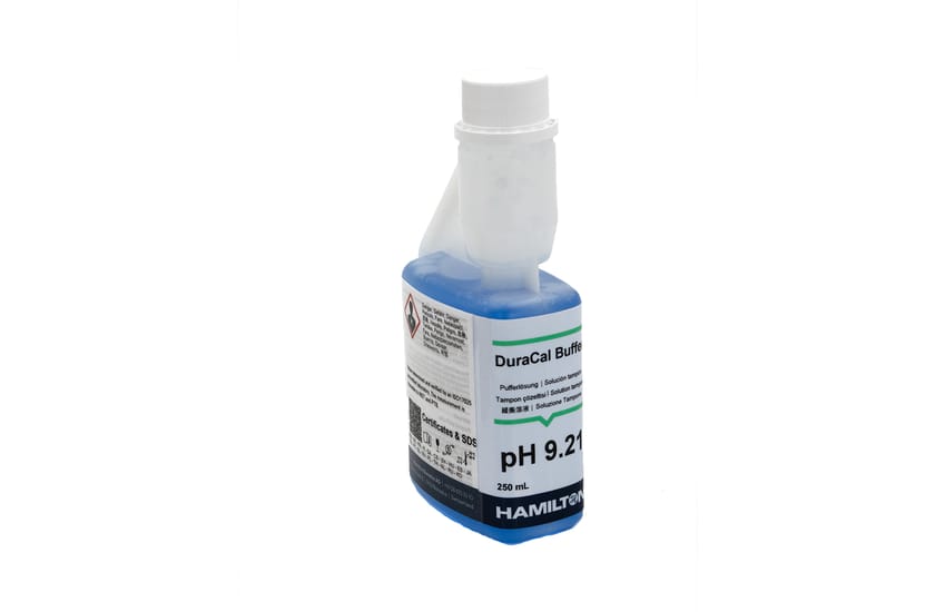 Hamilton DuraCal Buffer Solution pH 9.21, 250 mL bottle with blue liquid