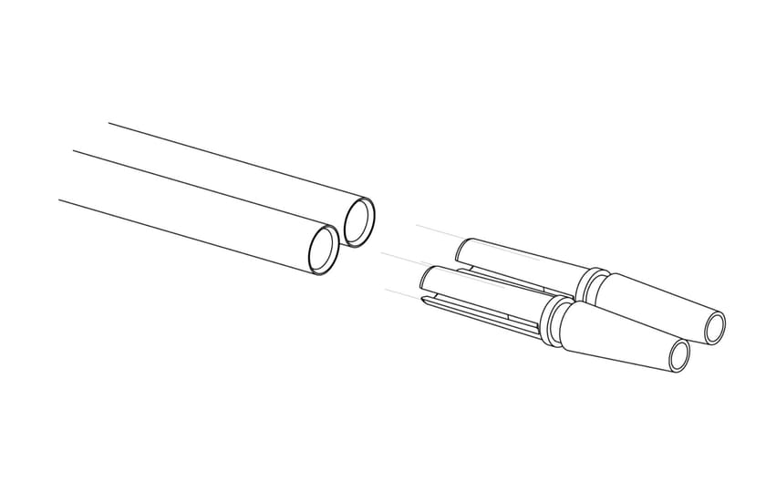 Two parallel tubes connecting to a dual-port tube fitting connector, isometric line drawing