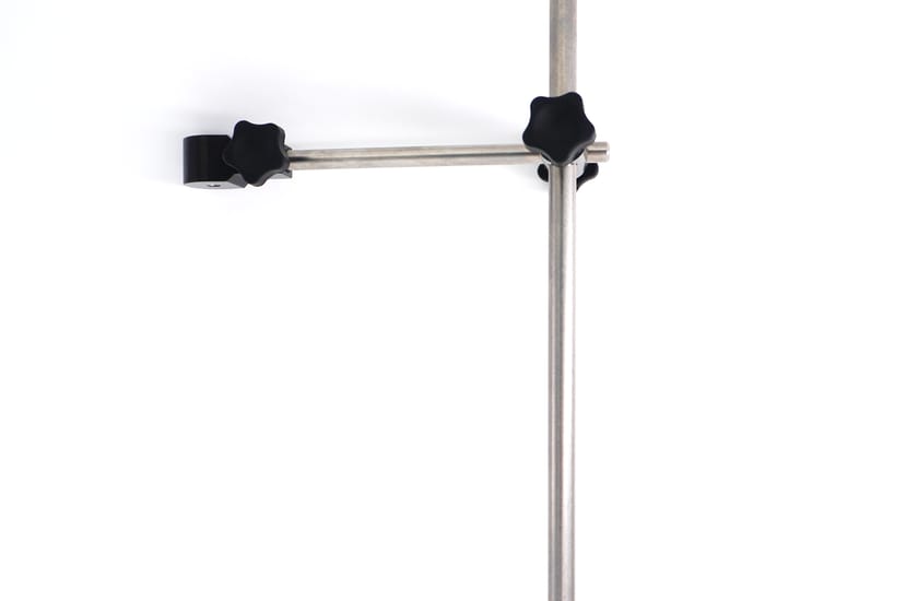 Stainless steel probe holder arm with two black star-knob clamps mounted on a vertical rod