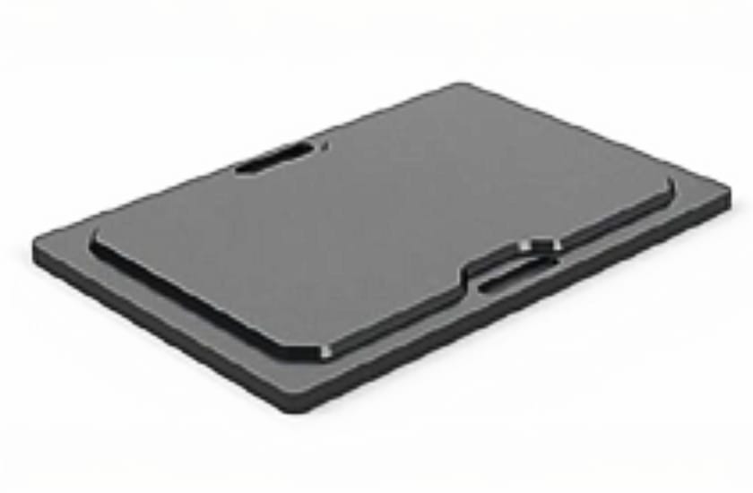 Two dark gray rectangular flat plates stacked slightly offset, with cutout handles and metal fasteners visible