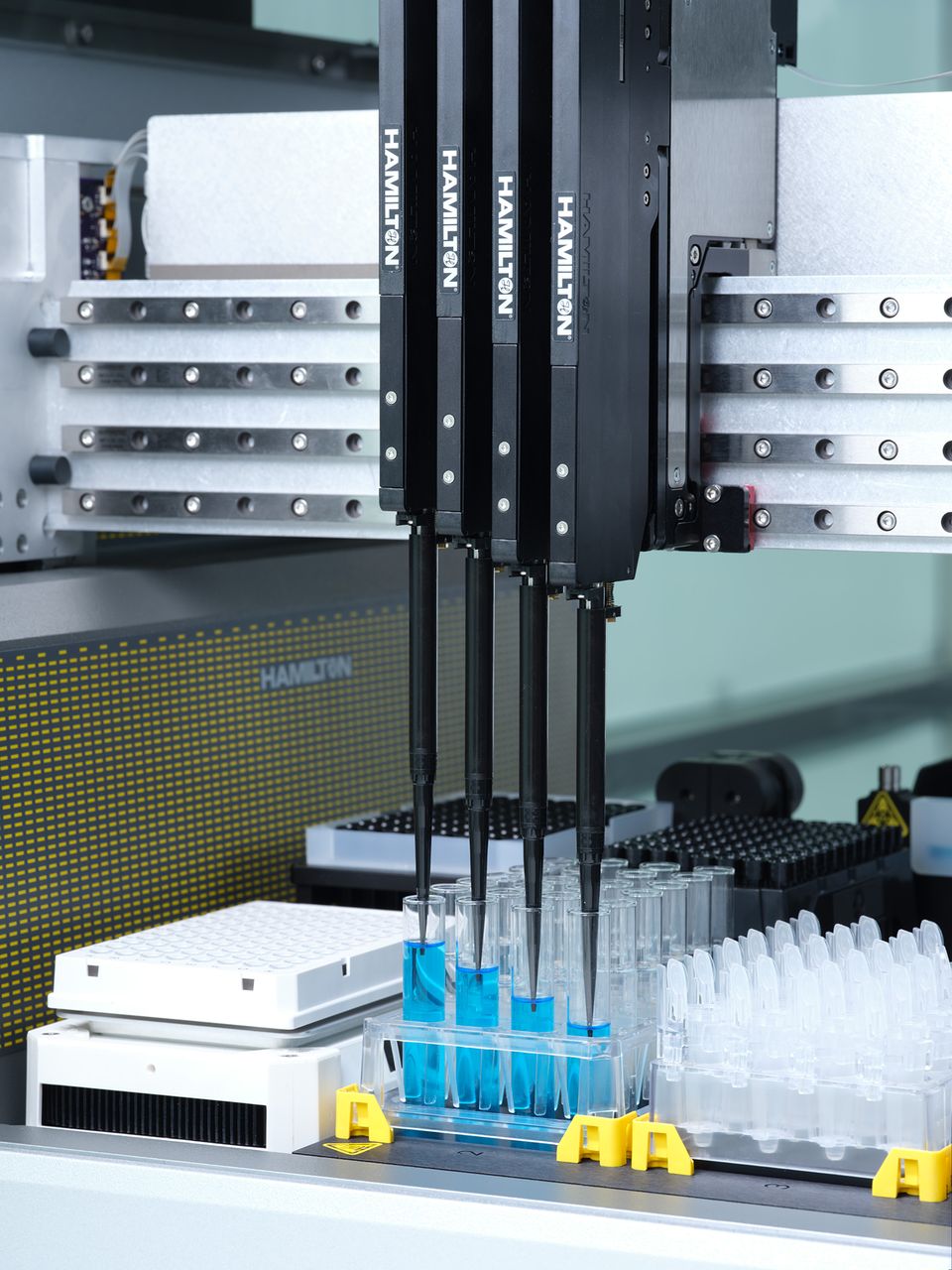 Hamilton automated liquid handler with multiple pipetting channels aspirating blue liquid from a rack of sample tubes