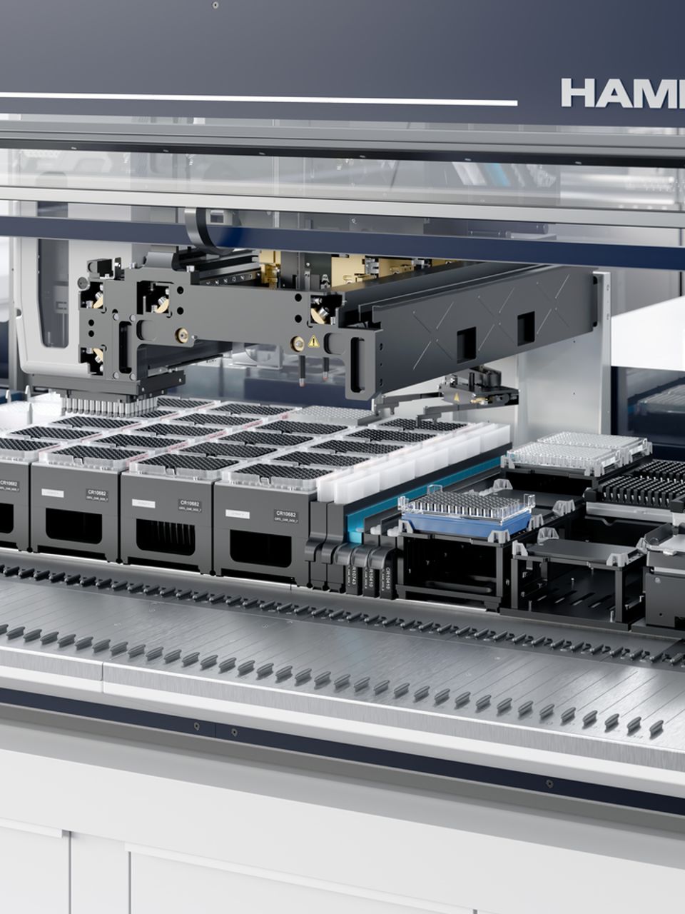 Hamilton STAR automated liquid handler deck loaded with tip racks, microplates, and pipetting modules
