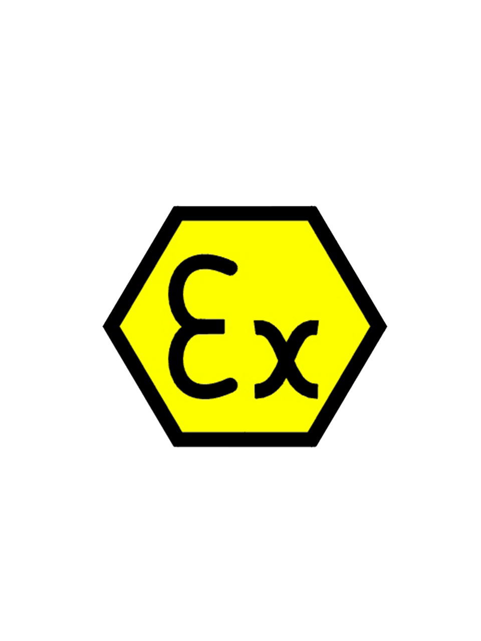 ATEX certification mark: yellow hexagon with black border containing "Ex" symbol