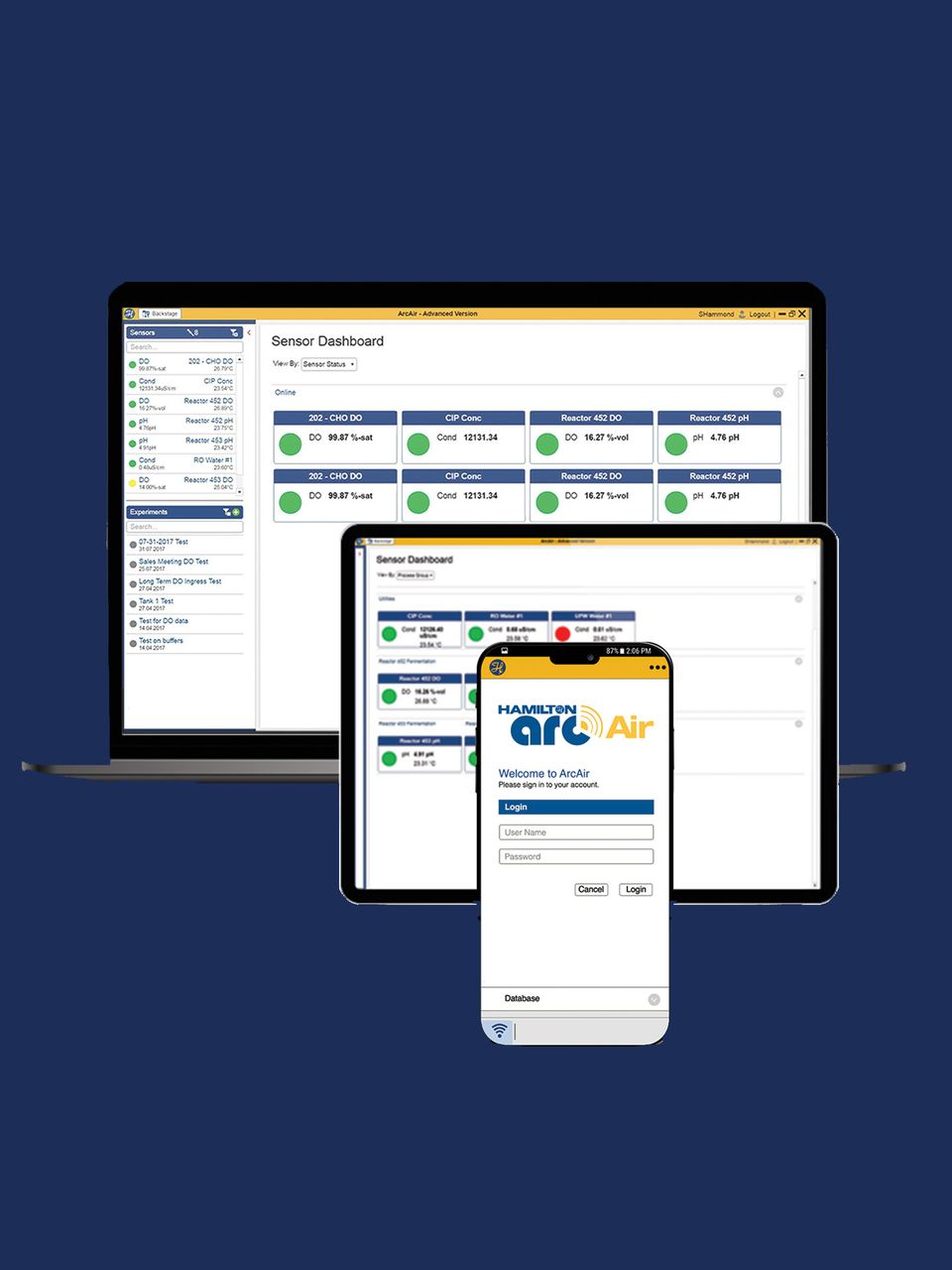 Hamilton ArcAir sensor dashboard displayed on a laptop, tablet, and smartphone