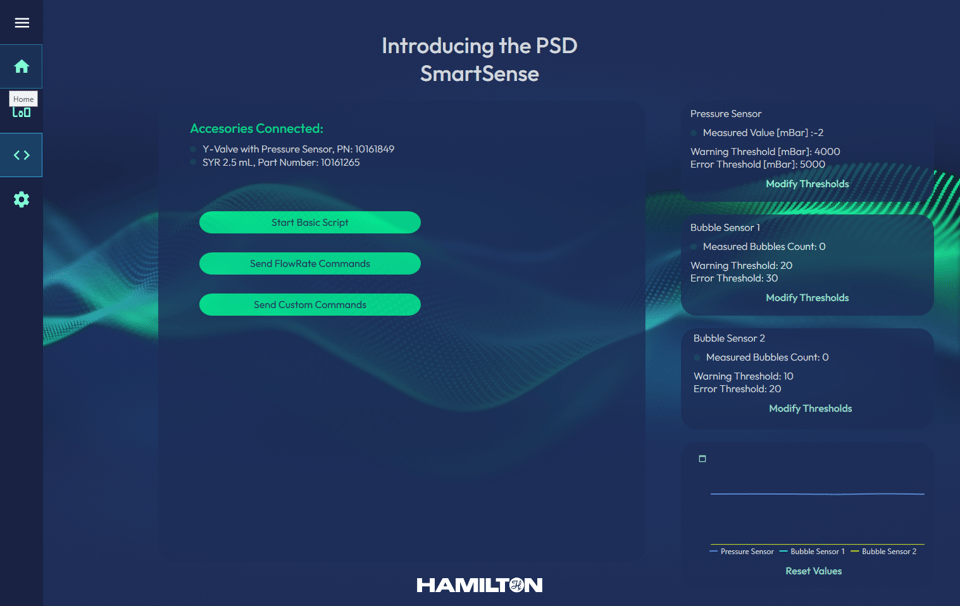 PSD SmartSense software UI showing pressure sensor and bubble sensor readings, thresholds, and workflow control buttons