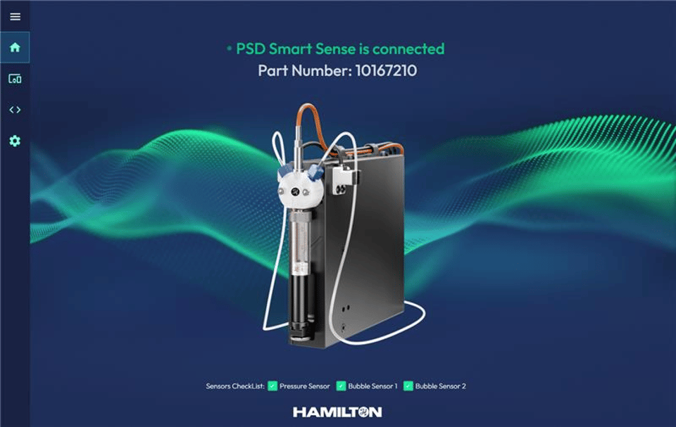Hamilton PSD Smart Sense pump module with syringe, tubing, and sensors connected, part number 10167210