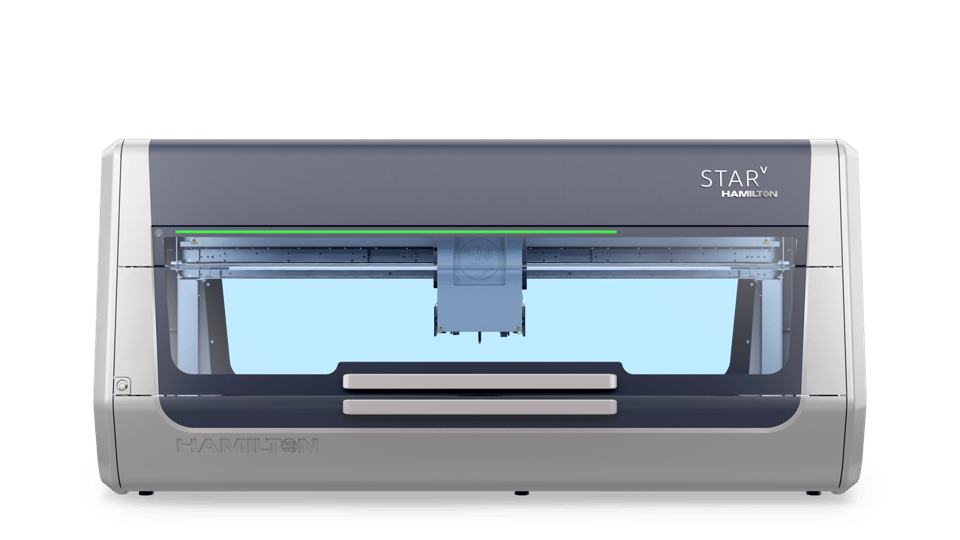 Hamilton STAR V automated liquid handler, front view, closed, with green status light illuminated