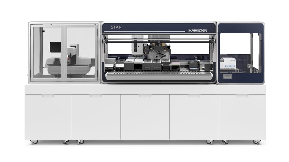 Hamilton STAR automated liquid handler with integrated Covaris R230 module, frontal view, partially open
