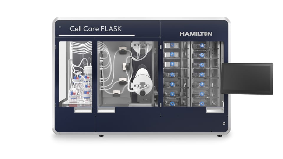 Hamilton Cell Care FLASK automated cell culture system with reagent, robotic, and flask storage modules