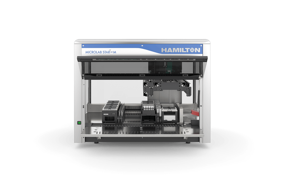 Hamilton Microlab STARlet M automated liquid handling workstation, front view with deck and robotic arm visible