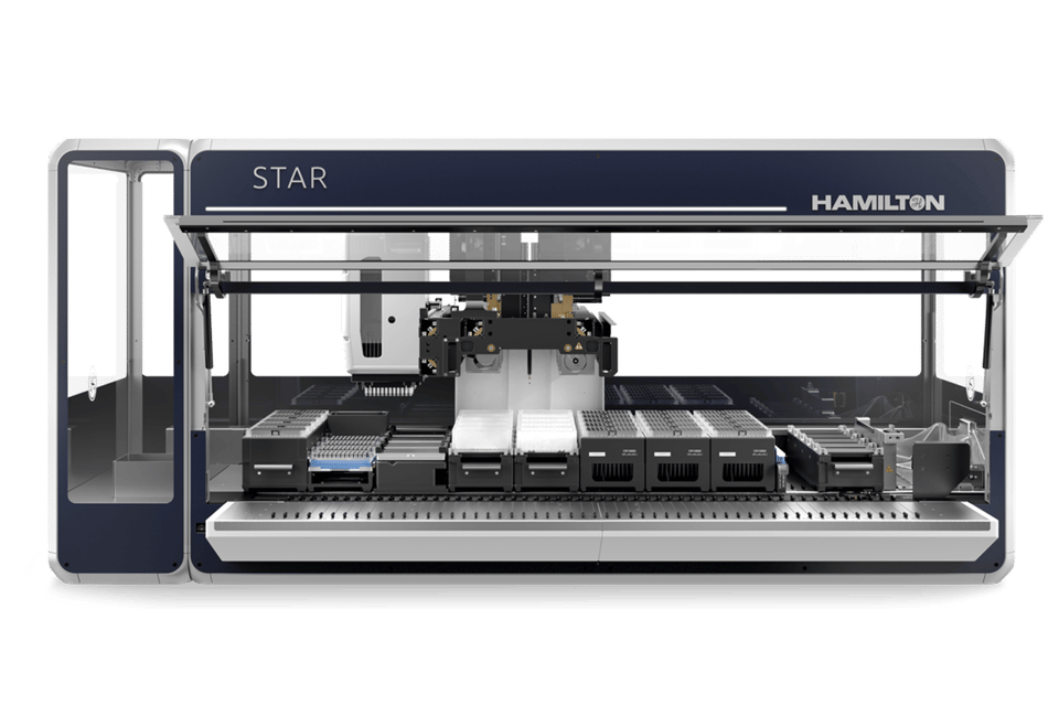 Hamilton STAR automated liquid handling workstation, front view, with pipetting arm and deck modules