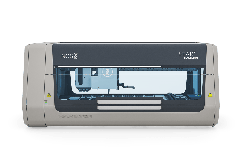 Hamilton STAR V automated liquid handler with NGS branding, closed, front view