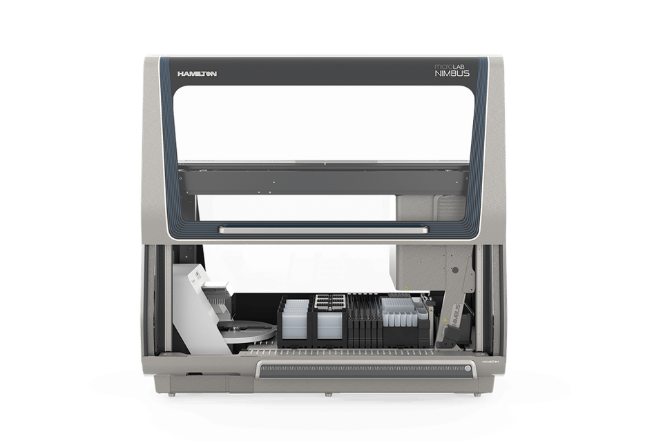 Hamilton microLAB NIMBUS automated liquid handler, front view, lid open, deck loaded with plates and tip racks