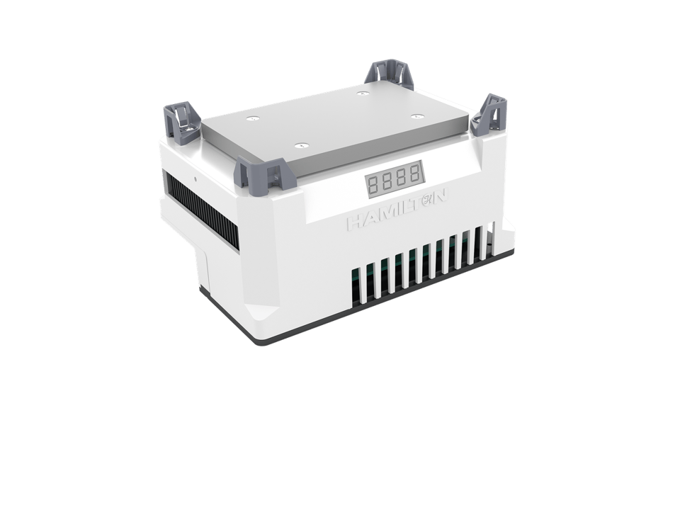 Hamilton HHC solo laboratory heater/cooler unit, white housing with gray corner brackets, ventilation slots, and 4-digit LED display