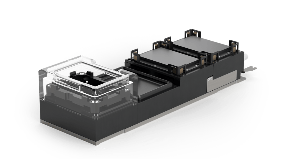 Modular laboratory vacuum carrier system with transparent-lidded sample chamber and dual-stack plate holder module on dark base