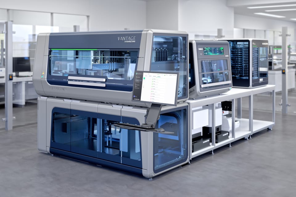 Hamilton Vantage automated liquid handler work cell with touchscreen monitor, Nimbus, and additional Hamilton instruments in a laboratory setting