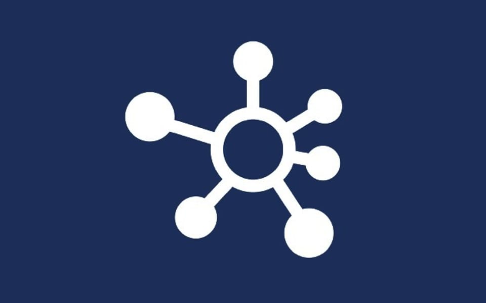 White network hub icon with central ring and six radiating nodes on a dark blue background