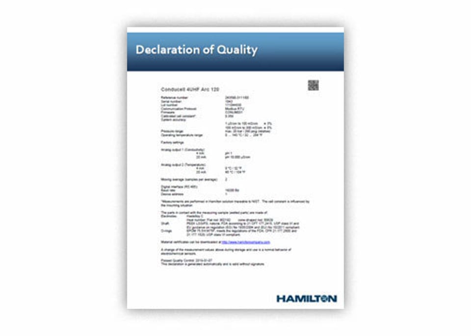 Declaration of Quality for Hamilton Sensors