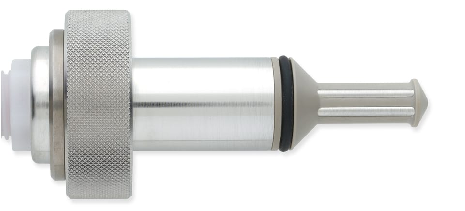 Stainless steel inline process sensor assembly with knurled grip, cylindrical body, O-ring seal, and slotted probe tip
