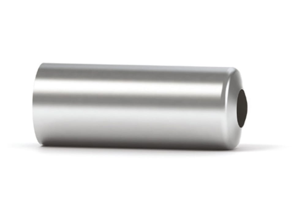 Polished stainless steel hollow cylindrical pin lying on its side