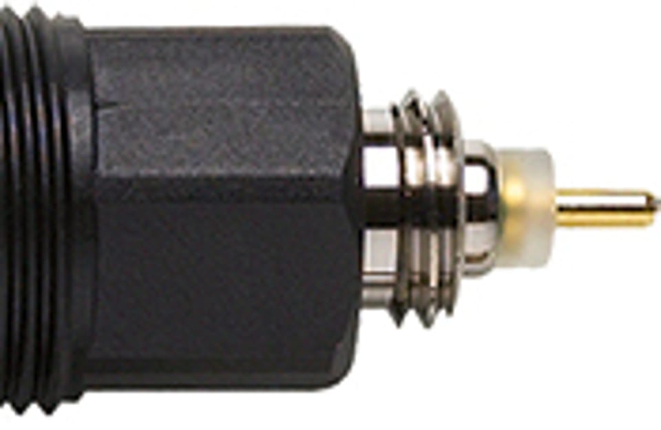 Electrode connector with gold pin tip and hex nut fitting, side view