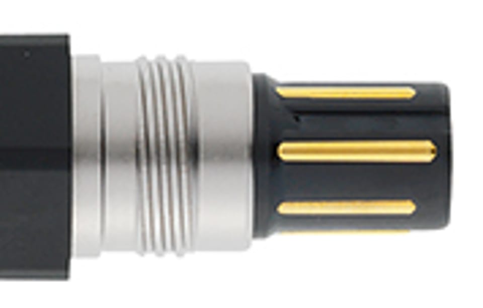 Close-up of a cylindrical connector with gold-plated pin contacts and knurled metal coupling ring